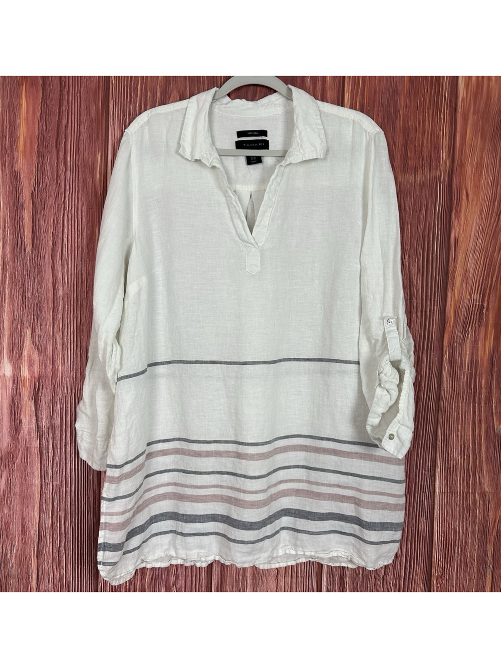 Tahari Womens Long-Sleeve Striped Linen Tunic Top V-Neck Collar Cream White 1X
